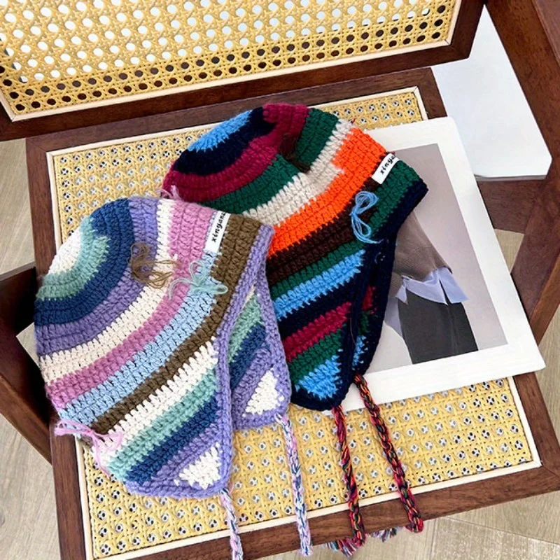 

Striped Knit Beanie with Bow and Pompom Autumn Winter Warm Hat Earmuffs Design for Women Girls Cold Weather Fashion