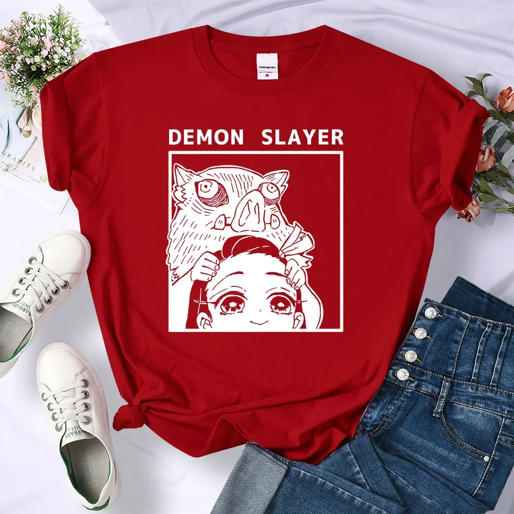 Demon Slayer Kamado Nezuko and Hashibira Inosuke T-Shirts Women Loose New Clothes Harajuku Street Tee Personality O-Neck T Shirt