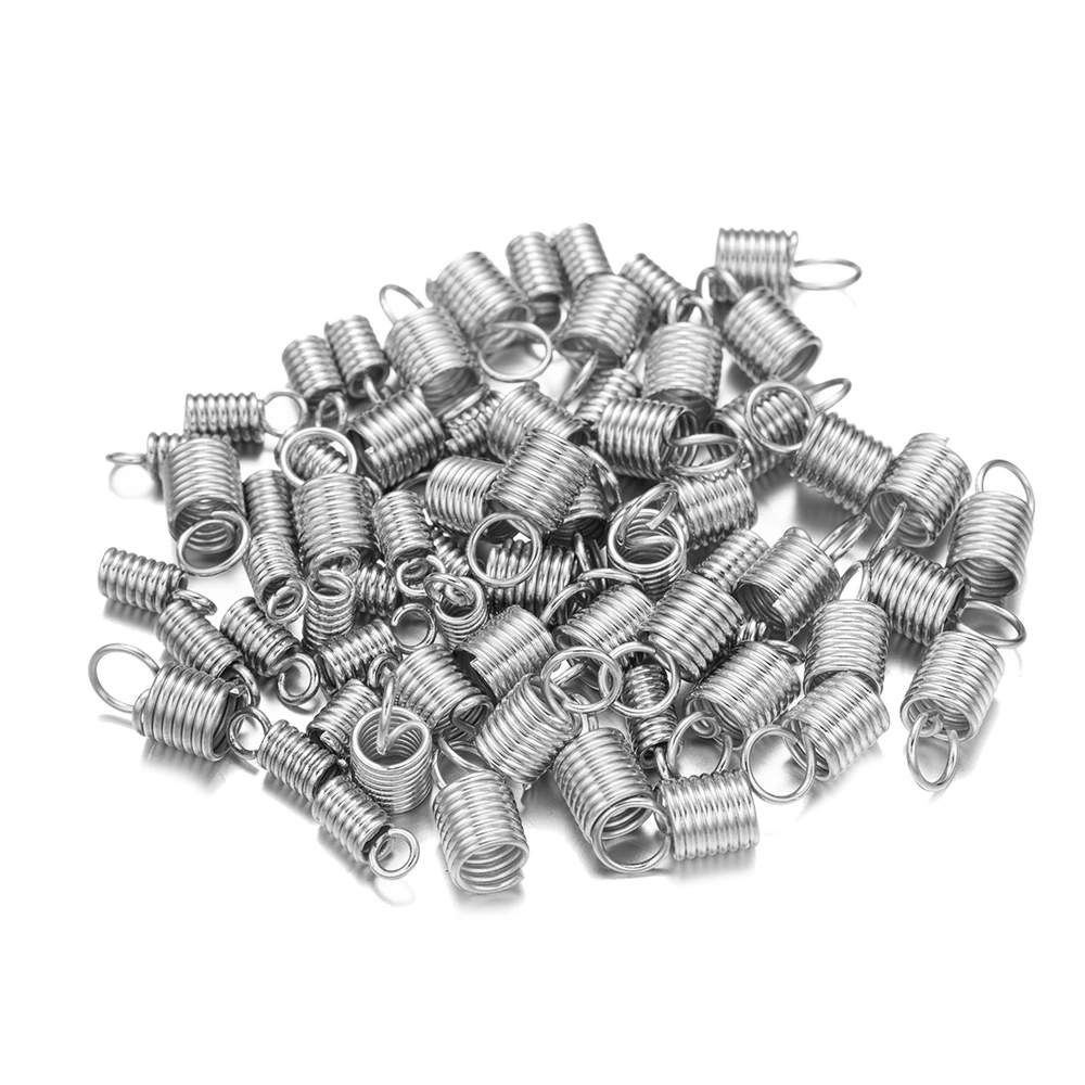 50 Pcs Stainless Steel Mini Tube Cord Cap Tip Leather Ends Terminators Coil Spring Fastener Crimp Clasp for DIY Jewelry Making