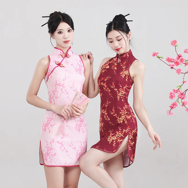 

Винтажное женское короткое платье для китайских банкетов и вечеринок, сексуальное, без рукавов, улучшенное платье-ципао из атласа, элегантное платье-ципао, Vestido Feminino