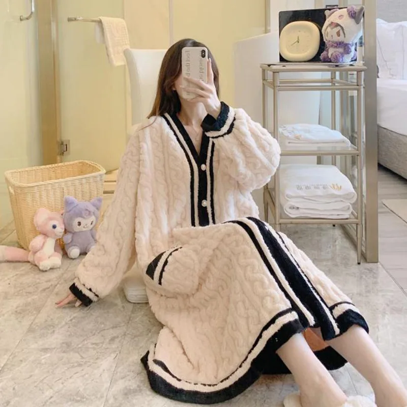 

Women's Winter Fleece Bathrobe V Neck Solid Long Sleeve Ladies Single Breasted Sleepwear Warm Thick Dressing Gown for Female