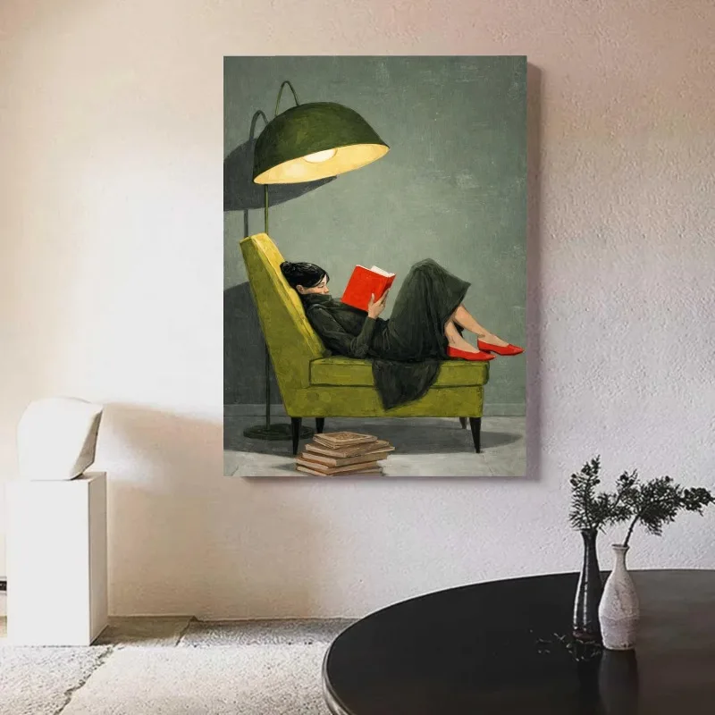 Woman Reading Book in Green Chair Canvas Wall Art, Vintage Style Home Decor for Living Room Bedroom, Home Decoration.