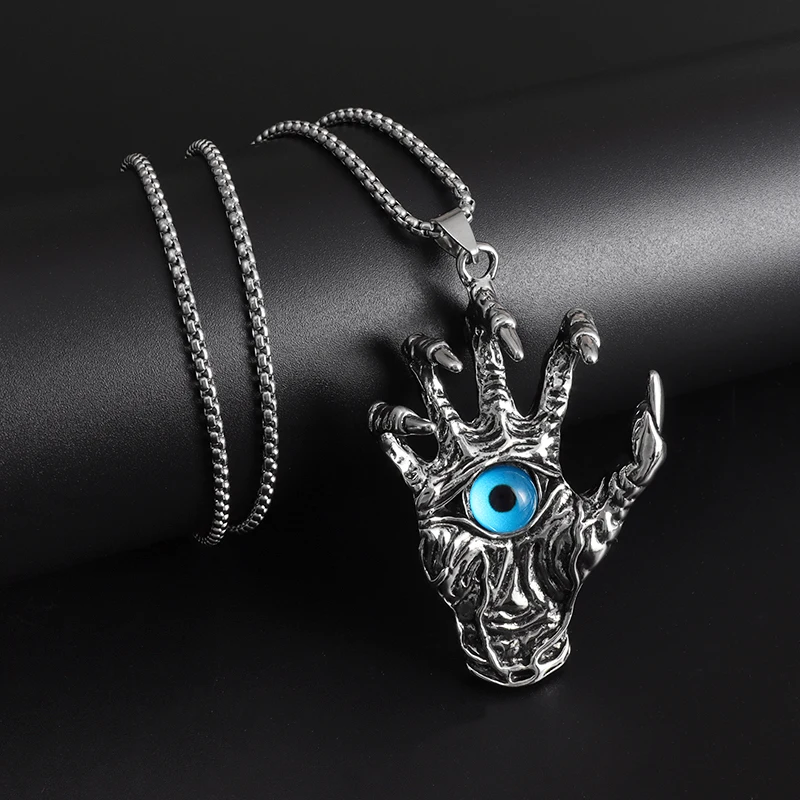 Vintage Punk Gothic Style Blue Eye Demon Hand Palm Pendant Necklace Domineering Men's Rock Biker Jewelry