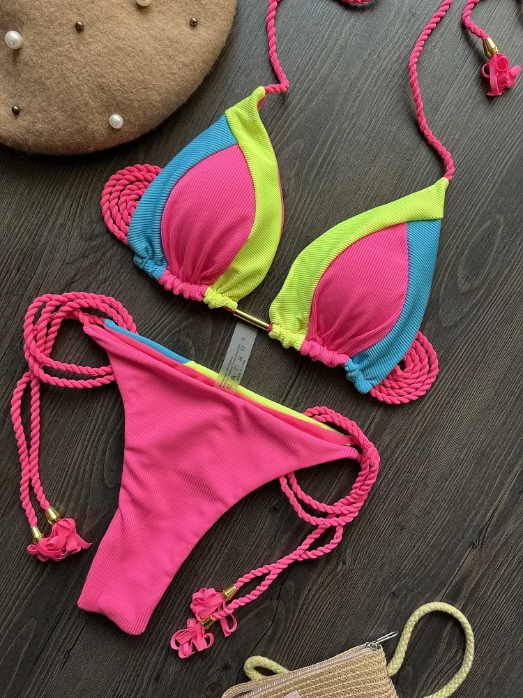 2023 ชุดว่ายน้ําเซ็กซี่ผ้าพิเศษ Splices 2 ชิ้นชุดบิกินี่ชุดว่ายน้ําสตรี Push Up Biquini บราซิล Beachwear ชุดว่ายน้ํา