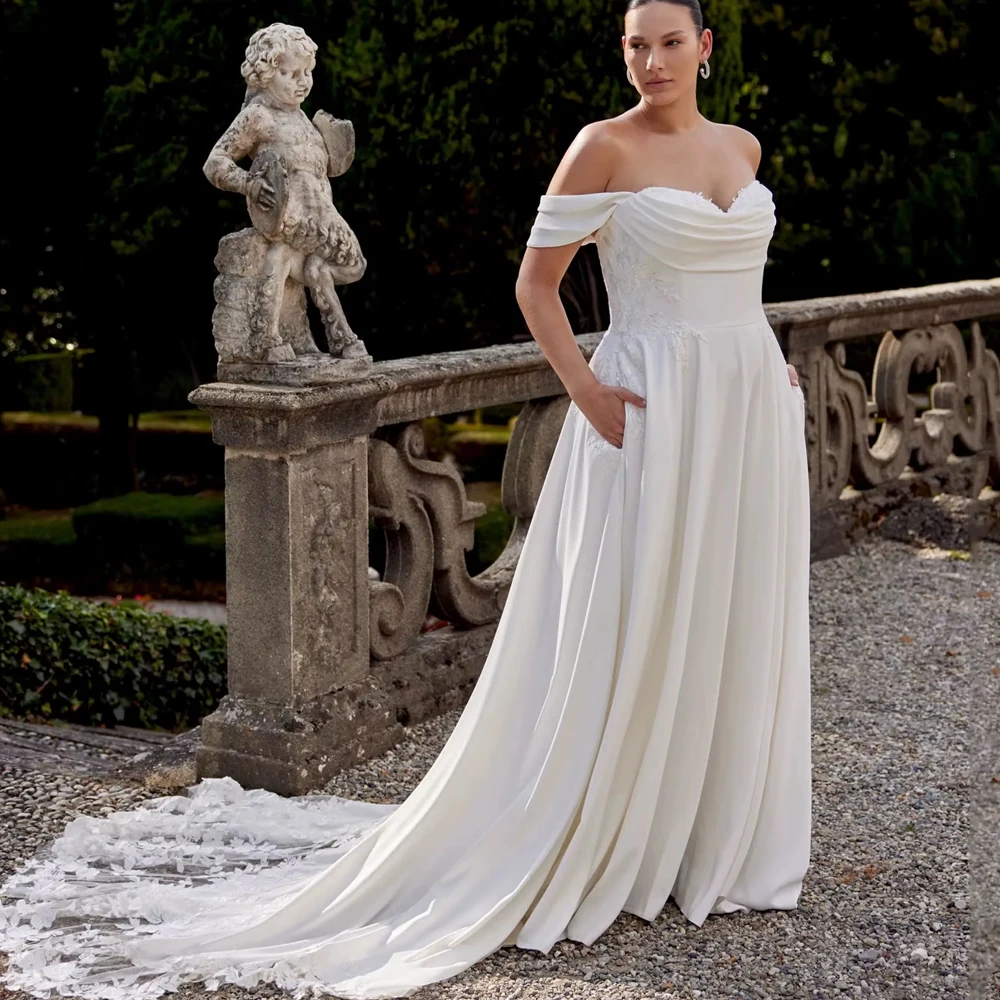 

Customized ALine Plus Size Gowns Off Shoulder Sweetheart Weddng Dresses For Bride Modern Soft Satin Appliques Bridal Gown