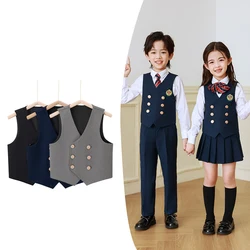 Cool Kids Boys Formal Waistcoat Double Button Blazer Type Vest Girl Birthday Party Wedding Clothes Costume Black Grey Royal Blue