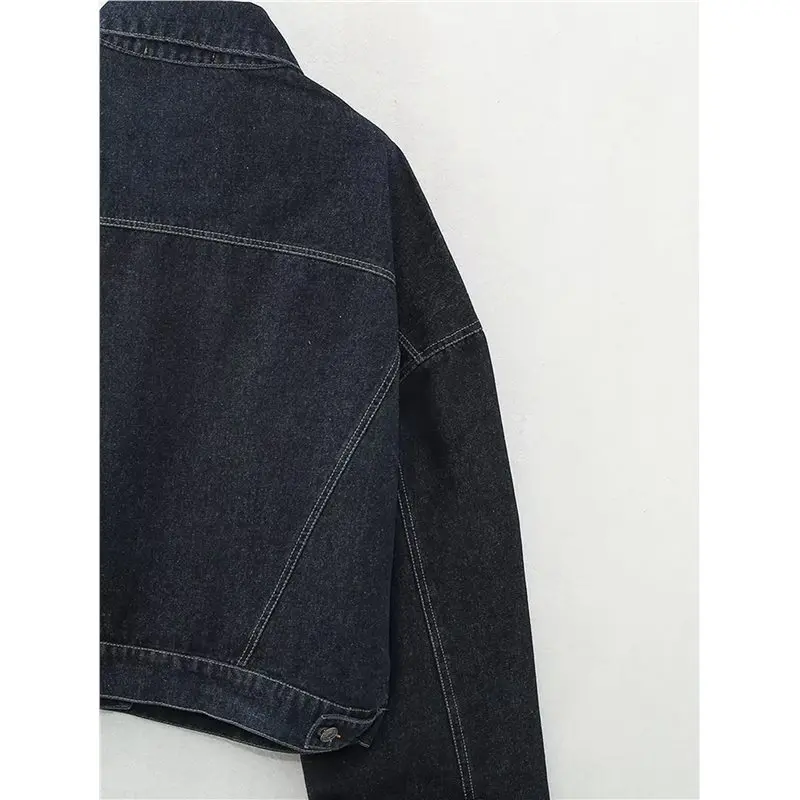 CYL-طقم سترة نسائية عتيقة من قماش الدنيم بأكمام طويلة وسترة طية صدر السترة مع جينز عالي الخصر وواسع الساق مكون من قطعتين #2