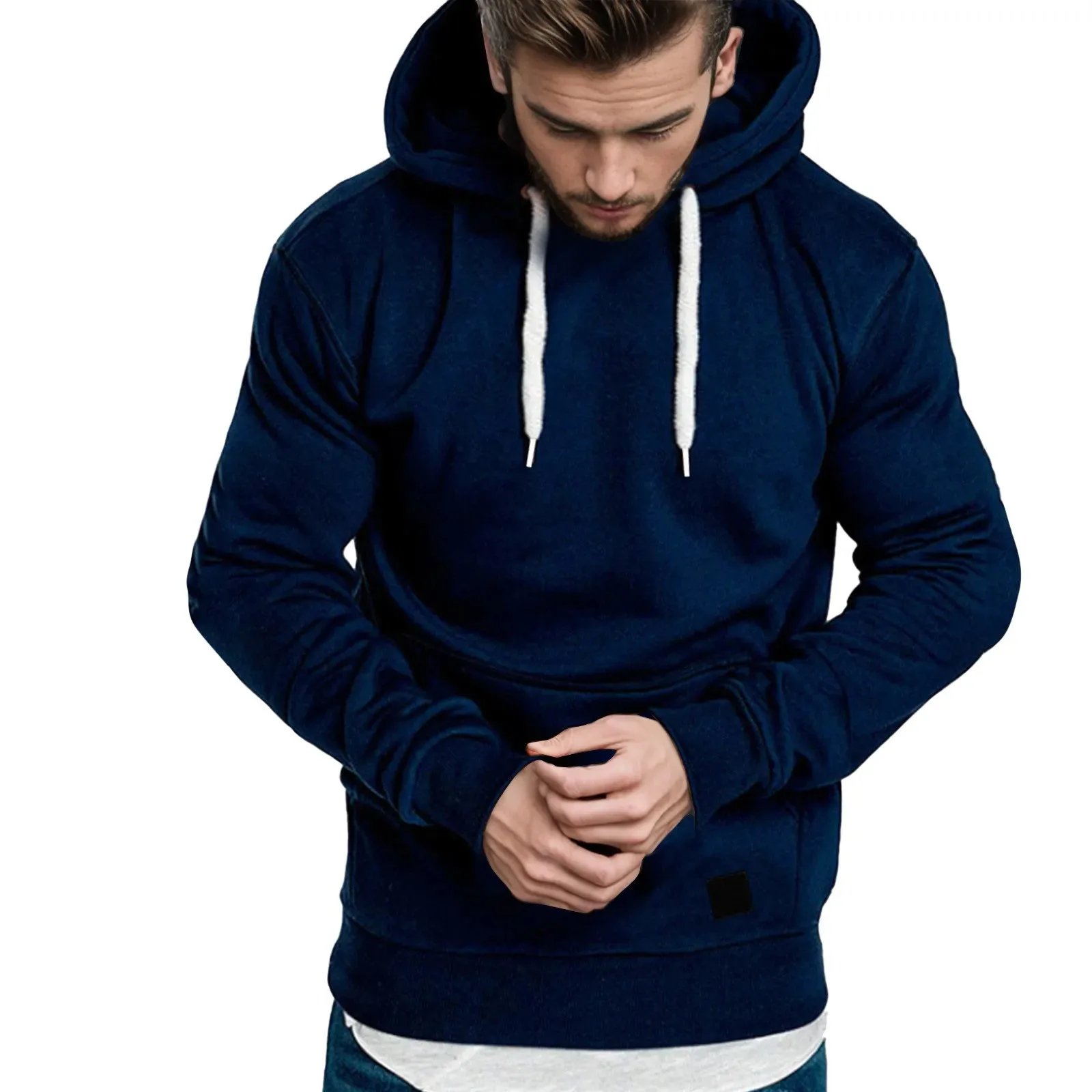 Mens Casual Hoodies Splicing Large Size Loose Sweatshirts Solid Color Long Sleeve Hooded Drawstring Pocket Simplicity Tops