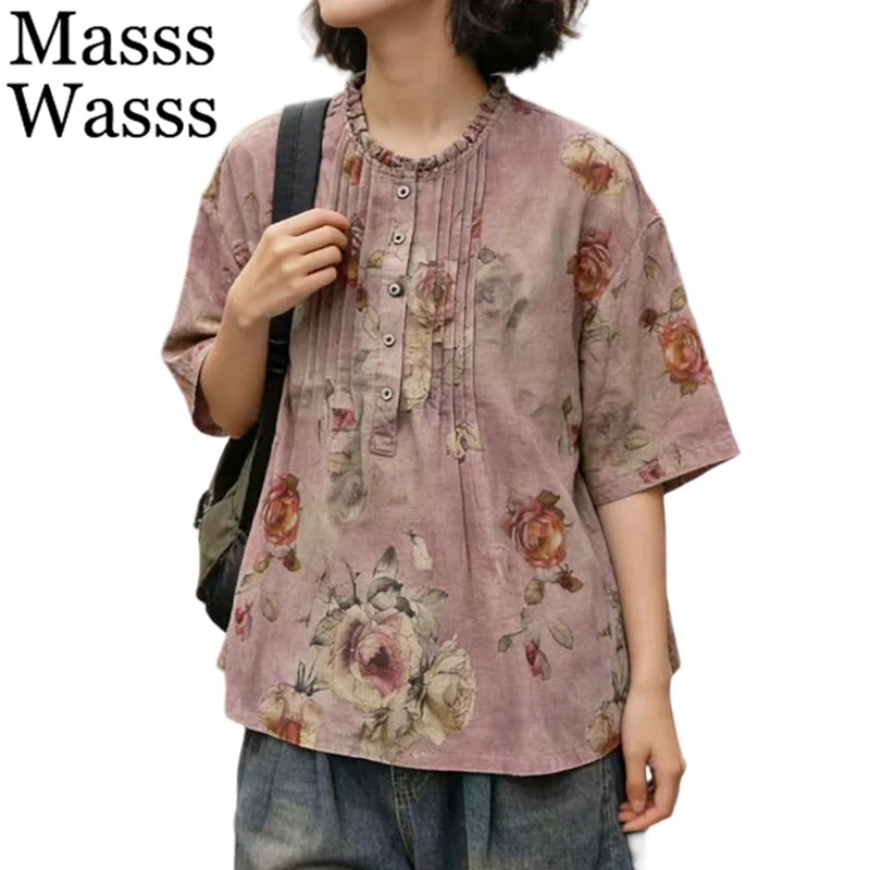 

Masss Wasss Japanese Design Fashion Floral Tops Females 2026 Vintage Classic Luxury Blouses Womens Summer Loose Leisure T-Shirts