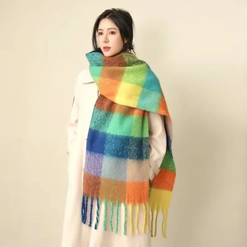 2024 New Autumn Winter Imitation Wool Scarf Female Windproof Thickened Keep Warm Plaid Print Office Long Soft Wear Shawl T151