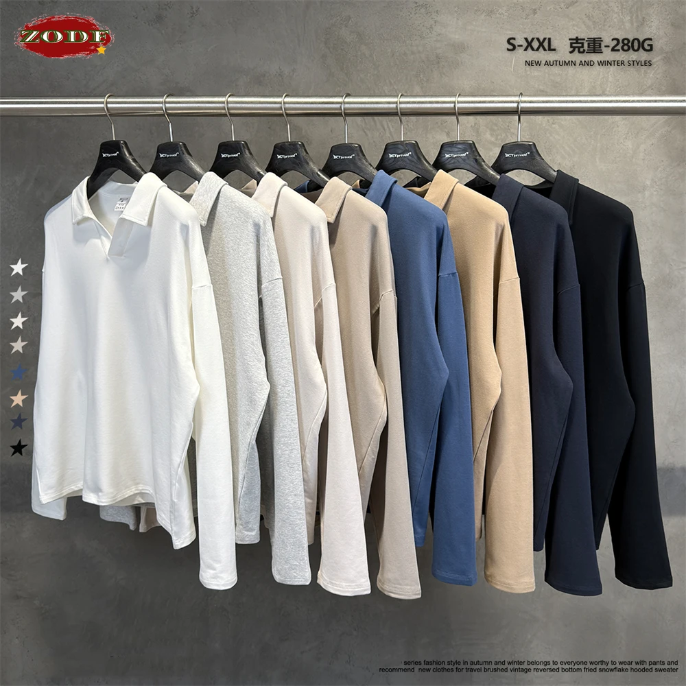 ZODF Men Vintage Boxy Fit Long Sleeve T-shirt Fall Winter Seagull Collar Modal French Terry Casual Streetwear Tops HY1348