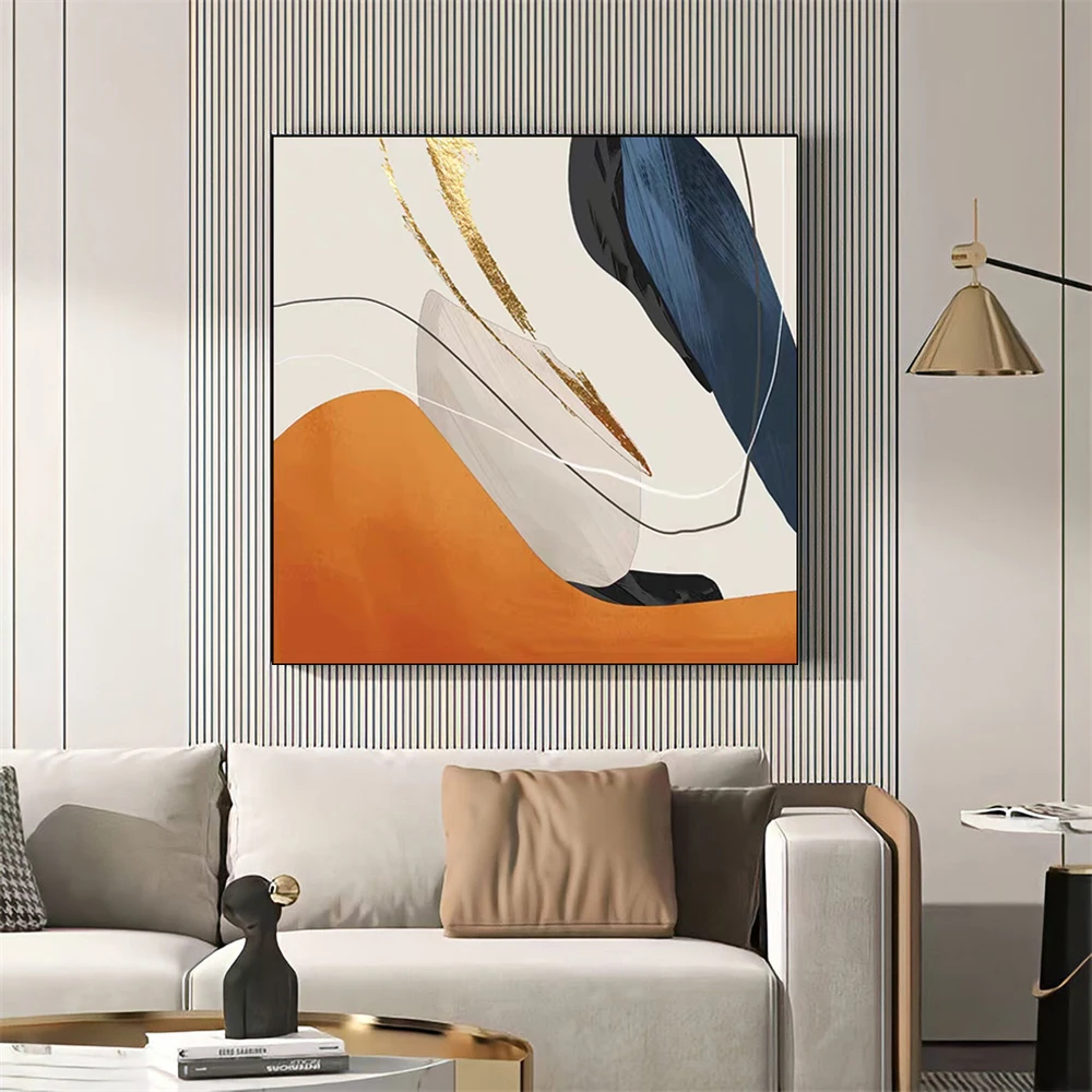 Abstract Decorative Painting, Orange Lines Adorned With Gold Foil Wall Art, 100% Hand-Painted Oil Painting On Canvas,Home Mural