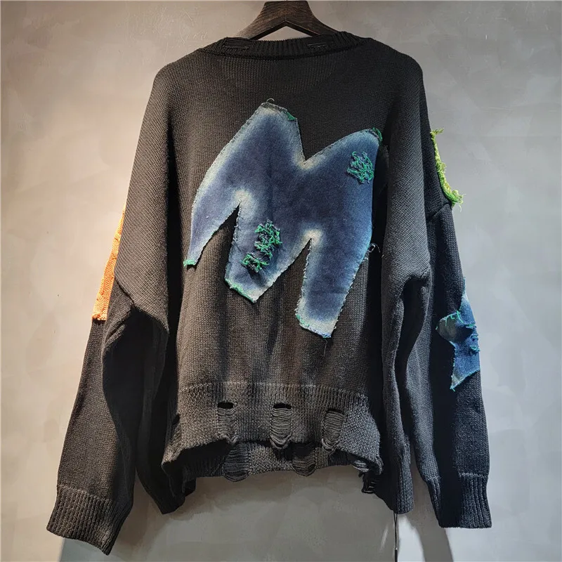 ANJY Autumn Winter New Women Loose Personality Patchwork Color Block Distressed Knitted Sweater Pullover Ins Fashion Hole A16954