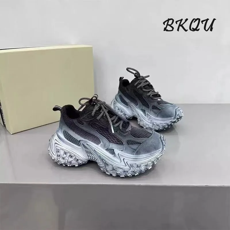 BKQU Thick Bottom Increase Gradient Change Dirty Daddy Shoes Female Design Sense 2024 Autumn New Net Surface Casual Sports Shoes