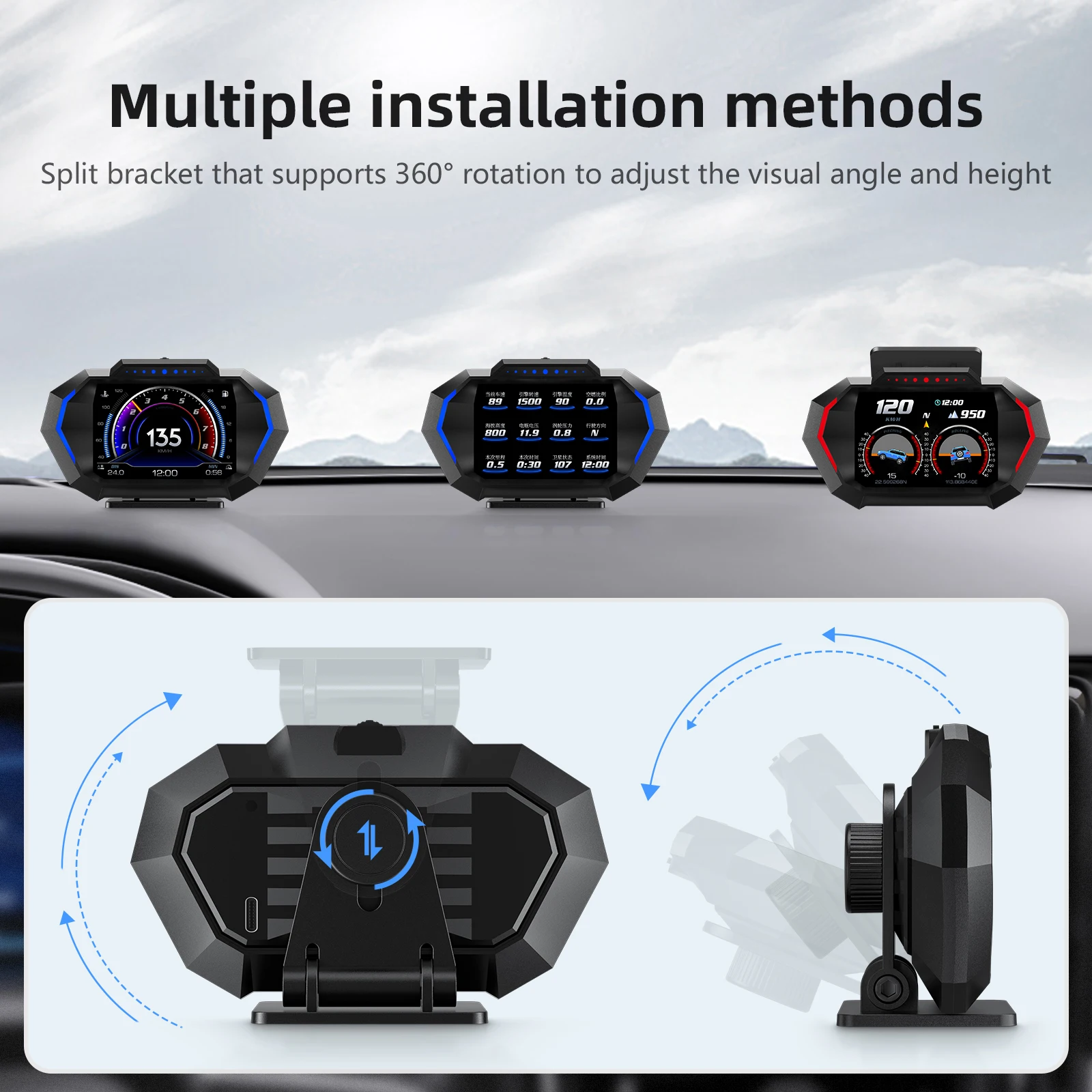 

P24 Тахометр-инклинометр OBD + GPS HUD: Проекционный дисплей на лобовое стекло автомобиля с отображением скорости, температуры воды, уровня топлива, давления масла, расхода топлива. Автоаксессуары.