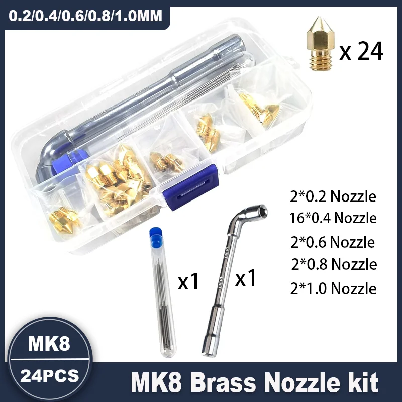 مجموعة فوهات نحاسية MK8 عدد 24 قطعة 0.2/0.4/0.6/0.8/1.0 مم لطابعة ثلاثية الأبعاد، متوافقة مع Creality Ender 3/3 Pro/5/6 سلسلة CR-10 #1