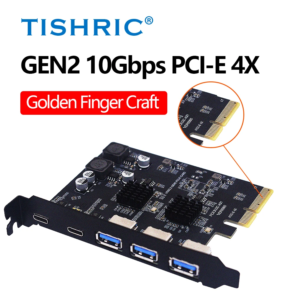 

TISHRIC PCIe 4X to 2xUSB-C+3xUSB 3.2 Gen2 Expansion Card-10Gbps Adapter with ASM3142 Chip, Compatible with PCIe 1X/4X/8X/16X