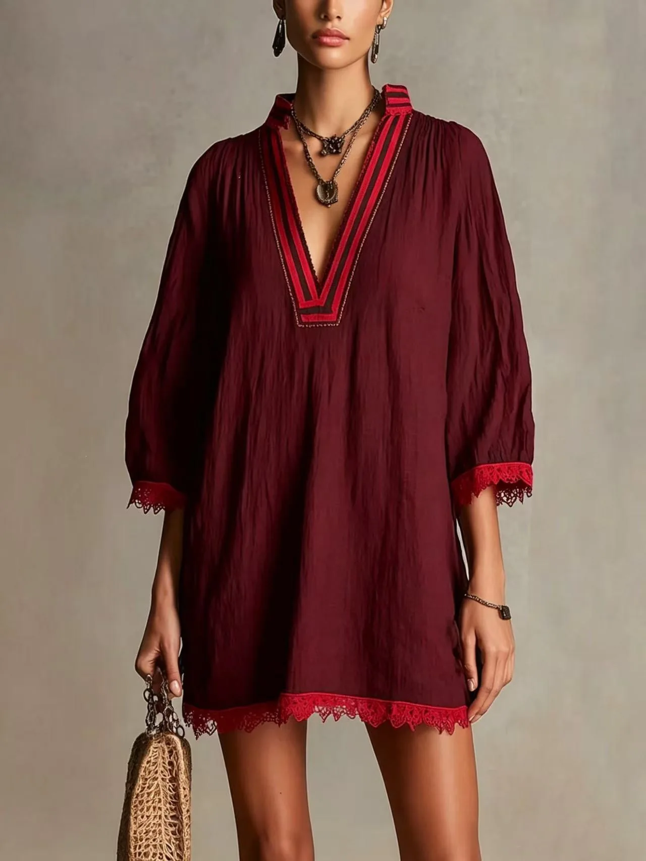 Vintage Women Linen Mini Dress Color Blocking Webbing Deep V‑Neck 3/4 Sleeve Lace Trim Loose Dresses Vacation Party Short Dress