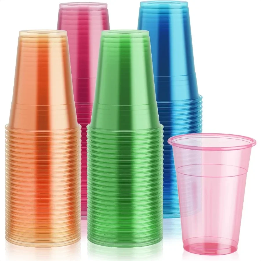 

100 Pack 16 oz Plastic Cups Neon Glowing Plastic Party Cups Assorted Neon Colors for Parties Carnivals and Any Events