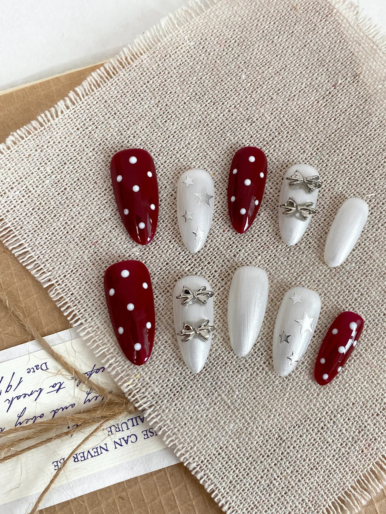 Cute Red Polka Dot Press On Nails, Handcrafted Long Almond False Nails with 3D Silver Bows & Stars, Silk White Finish