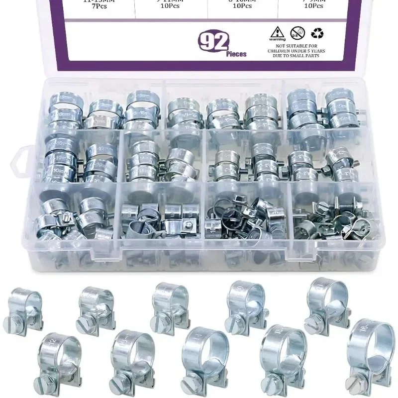 92Pcs Hose Pipe Clamps Zinc Plated Mini Fuel Injection Line Hose Clamp Assortment Kit for Automotive Agriculture Construction
