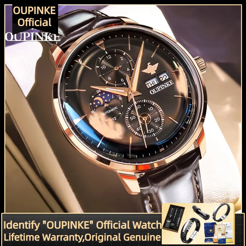 

OUPINKE 3309 Mechanical Wrist watch for Men Auto Date Moon Phase Waterproof TOP Brand Man Hand Clock Leather Strap Men Watches