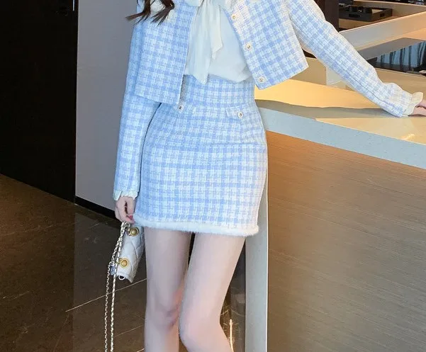 Autumn Fashion Small Fragrant Elegant Blue Plaid Tweed Outfits Women Long Sleeve Short Jacket + Bodycon Mini Skirt 2 Pieces Set