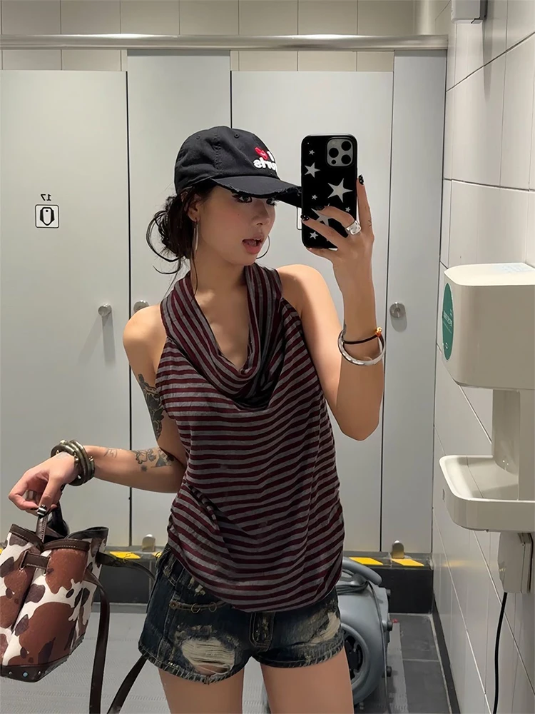 

Red Vintage Striped Sleeveless Tops Summer Halter Tank Top Slim Fit Women's Sleeveless Top