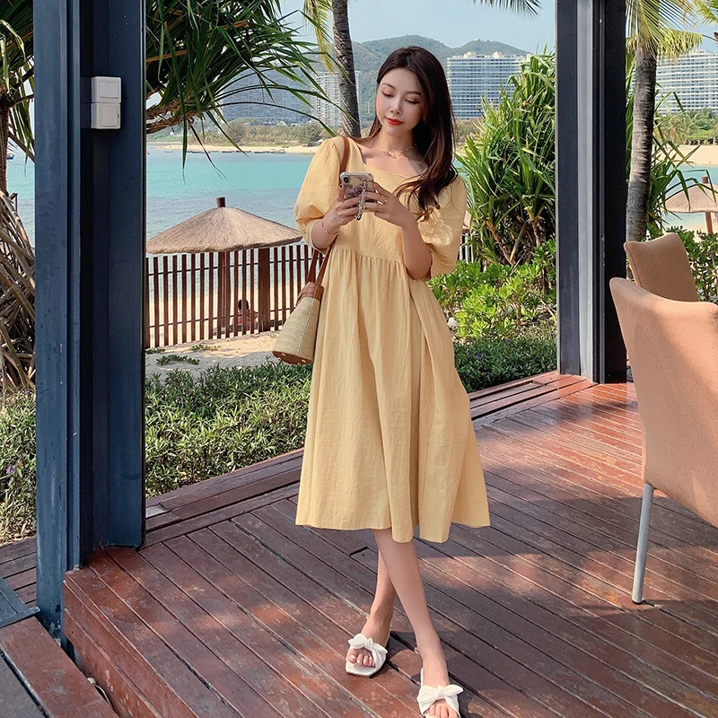 

Plus Size 4XL Women Cotton Linen Casual Midi Long Dress Summer Puff Short Sleeve Square Collar Loose A Line Dresses Vestido Robe