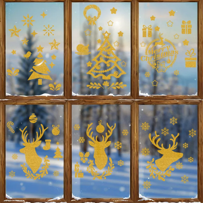 20*20cm*9pcs Gold Reindeer Head Christmas Static Cling Sticker Holiday Decoration Glass Window