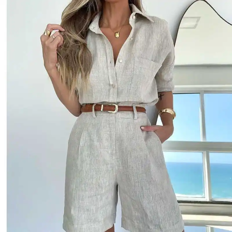 Conjunto de csa y plones cortos de manga larga para mujer, conjunto informal de moda, plones cortos, traje para mu...