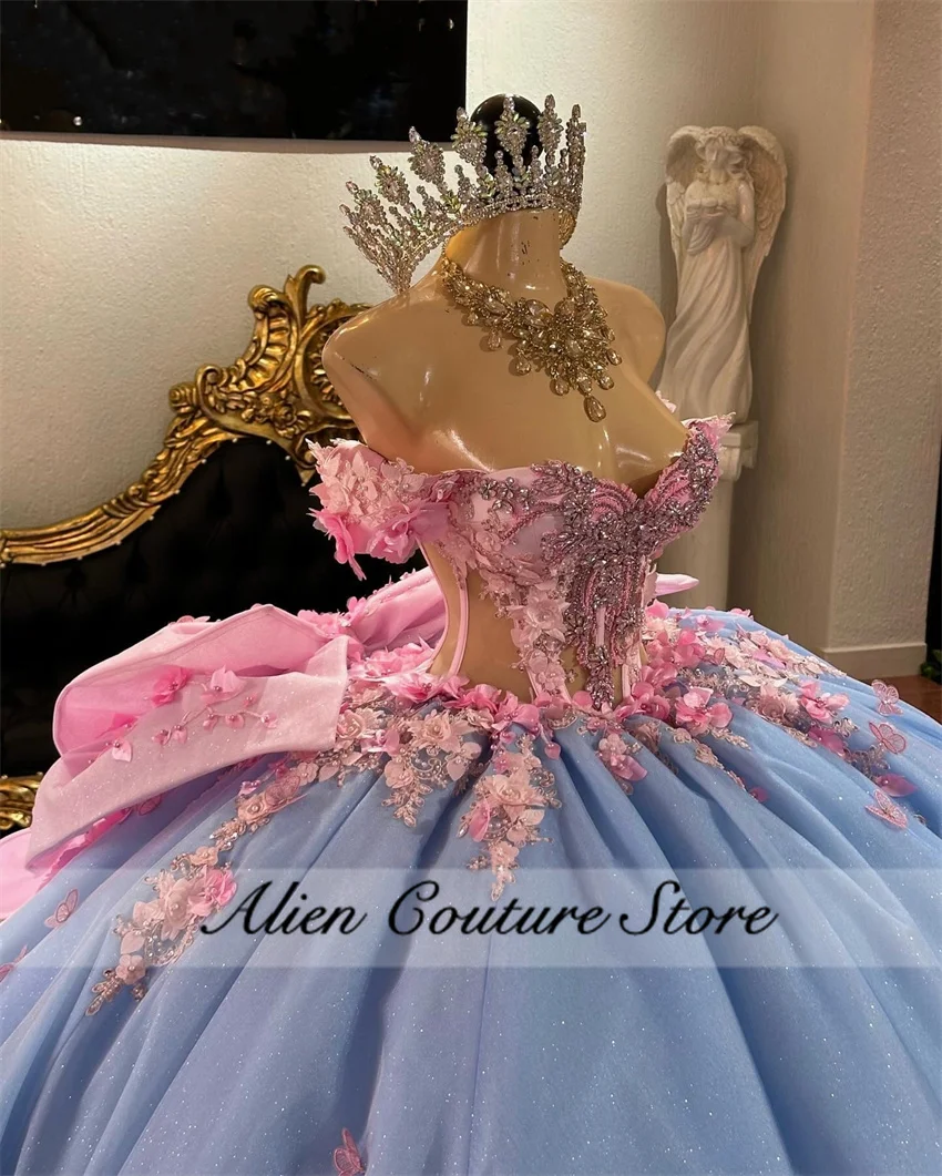 فساتين Quinceanera الزرقاء الفاخرة الأميرة حبة بلورات فساتين عيد ميلاد الوردي ثلاثية الأبعاد زهرة يزين Vestidos De 15 فيونكة مخصصة #4