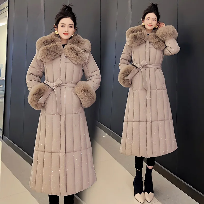 

Зимнее женское стеганое пальто с поясом, блестящий геометрический принт, теплая длинная женская куртка из искусственного лисьего меха, толстая верхняя одежда-пуховик для женщин