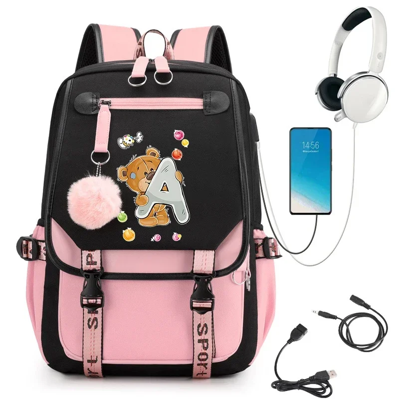 

Bear Alphabet Cartoon School Girls Laptop Bagpack Travel Shouder for Women Teenager Youth Backpack Bag