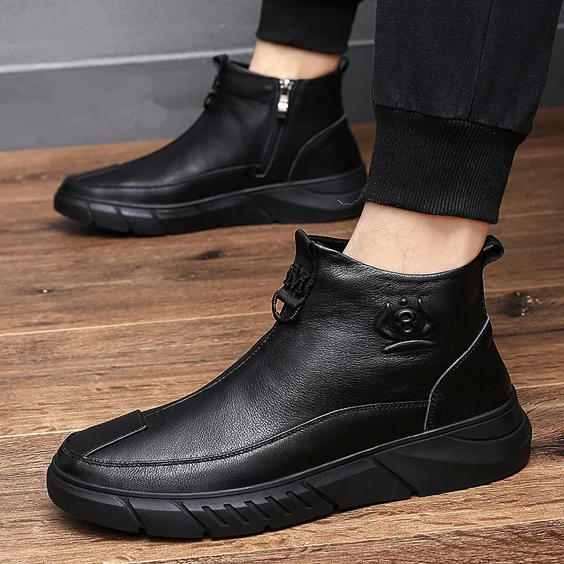 Autumn New Shoes for Men Genuine Leather Casual Shoes Fashion High Tops Leather Boots Winter Retro Warm Plush Chelsea Boots