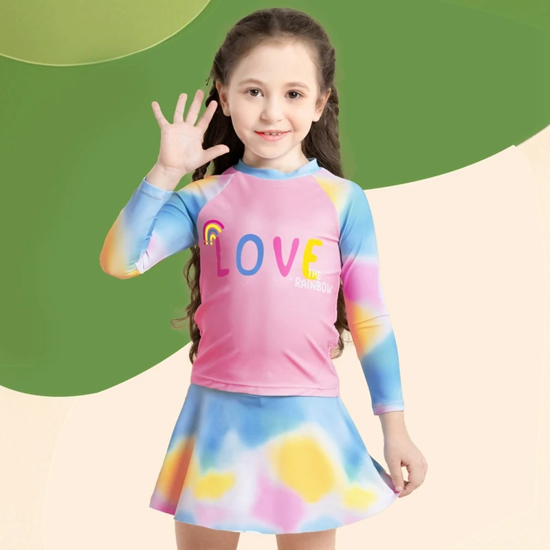 

Girls Swimwear Long Sleeve Letter Print Tops+Skirts Kids Fashion Rainbow Tie-Dye Princess Style Two-Piece Swimsuits Bathing Suit