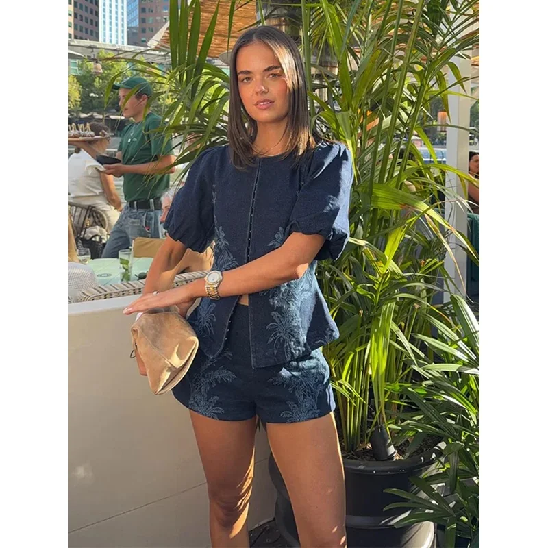 Vintage Denim Printed Jacket Shorts Set Women Chic O-Neck Button Puff Short Sleeve Top High Waist Shorts 2 Piece Street Outfit