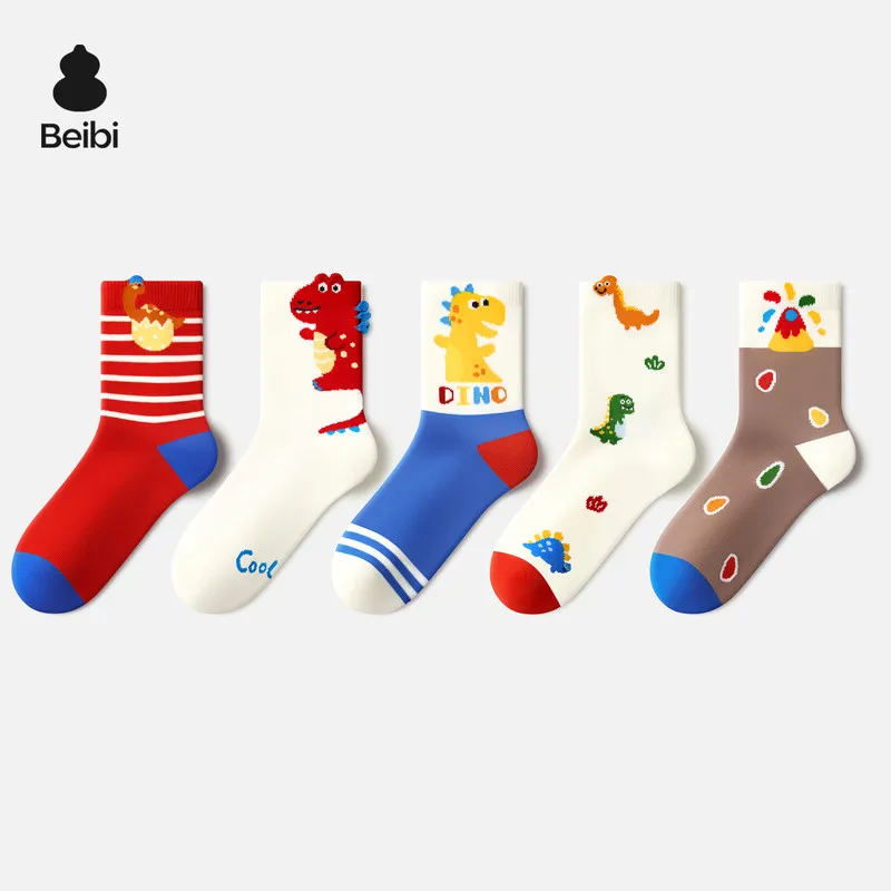 

Beibi 5-Pair Pack Boys' Mid-Calf Socks Cartoon Dinosaur Design Suitable for All Seasons For Children 4 Years and Up