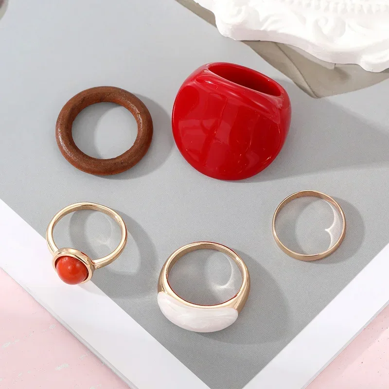 5Pcs Retro Rings Set for Woman Red Green Resin Gold Color Ring Pink Butterfly Flower Enamel Jewelry image 2