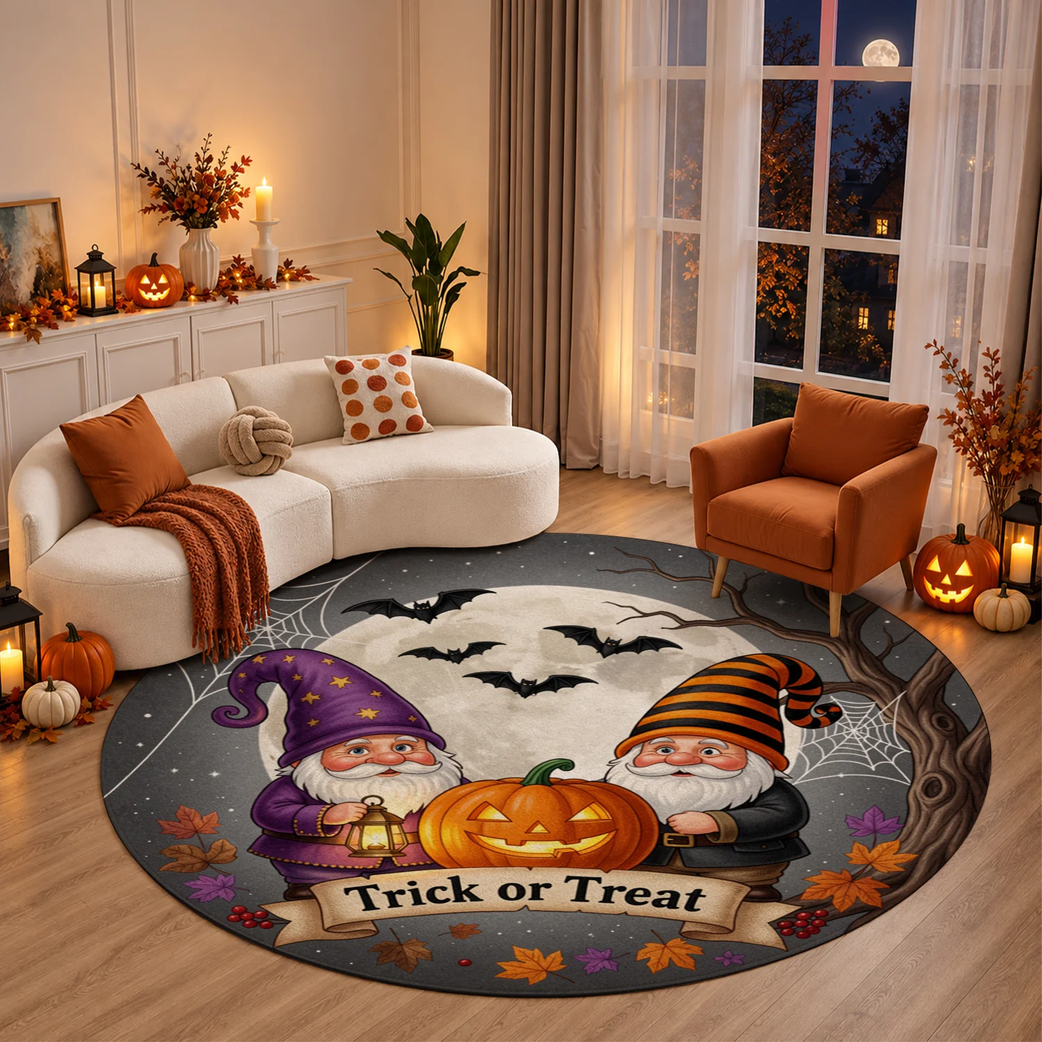 Halloween Gnome Jack-o-Lantern Bat Moon Trick or Treat Round Velvet Doormat, Machine Washable, Stable Placement, Ideal for Entryway, Living Room, Porch, Patio, Great for Halloween, Thanksgiving, Christmas, New Year, Black Friday, Cyber Monday Decor