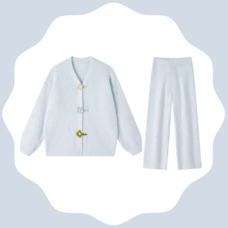 

Новая теплая зимняя пижама-кардиган с синим цветочным принтом из мягкого кораллового флиса для женщин: милый, теплый, повседневный, простой комплект для дома и сна