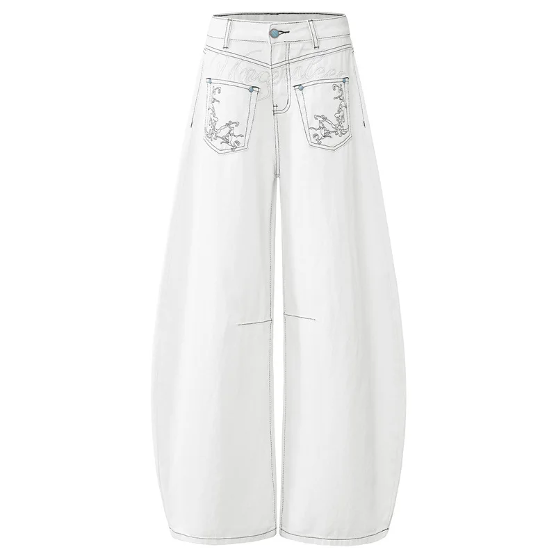 جينز هاي ستريت الأمريكي 2025 |   غسيل مفكك مع تطريز أوفست، سروال فضفاض مناسب بطول الأرض للجنسين لخريف وشتاء