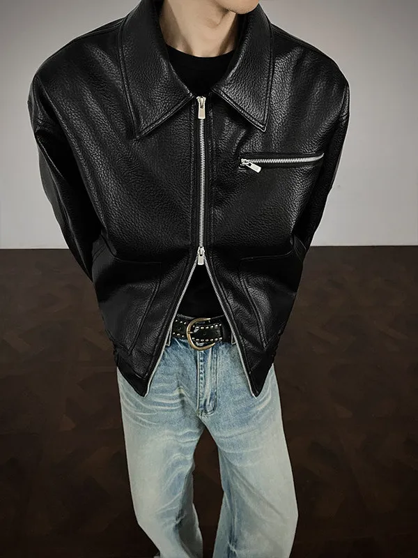 

Cleanfit Men's ort PU Leather Jaet Printed mat American Sle Spring Autumn Trendy Boxy Outerwear Long Sve Zipper