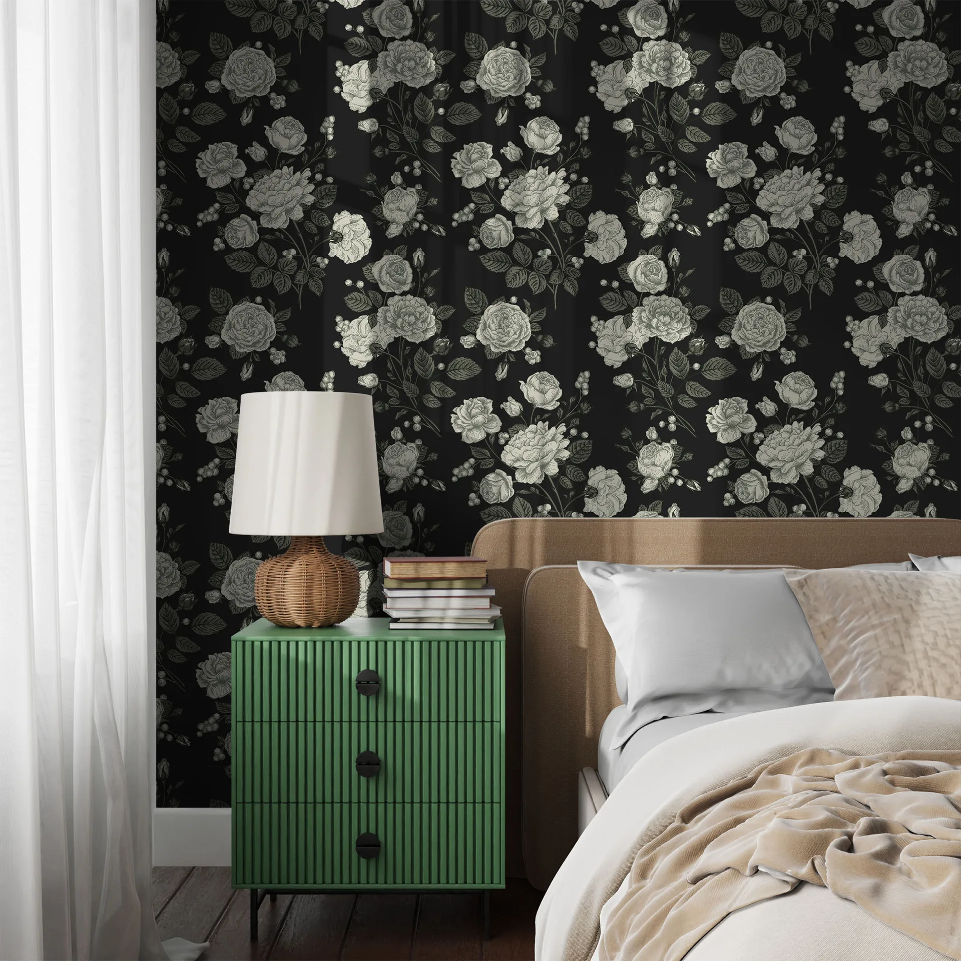 Rose Flowers Wallpaper Peel and Stick  Removable Waterproof Black Background Contact Paper for Room Walls Cabinet Drawer Decor