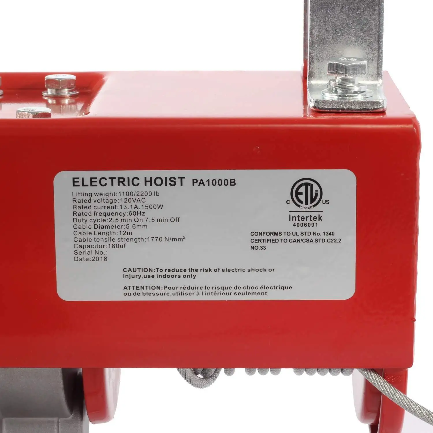 Electric Hoist 2200 lbs Lift Remote Control Power System, Zinc-Plated Steel Wire Overhead Crane Garage Ceiling Pulley