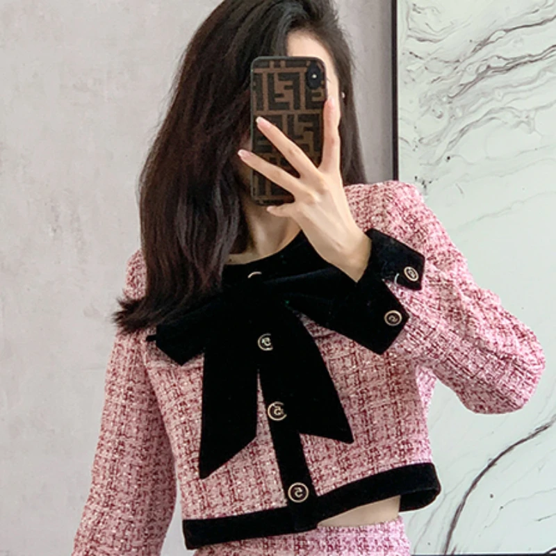 French Small Fragrance Autumn and Winter Tweed Two Piece Plaid Ladies Bow Short Coat + High Waist Mini Skirt Women Elegant Suit