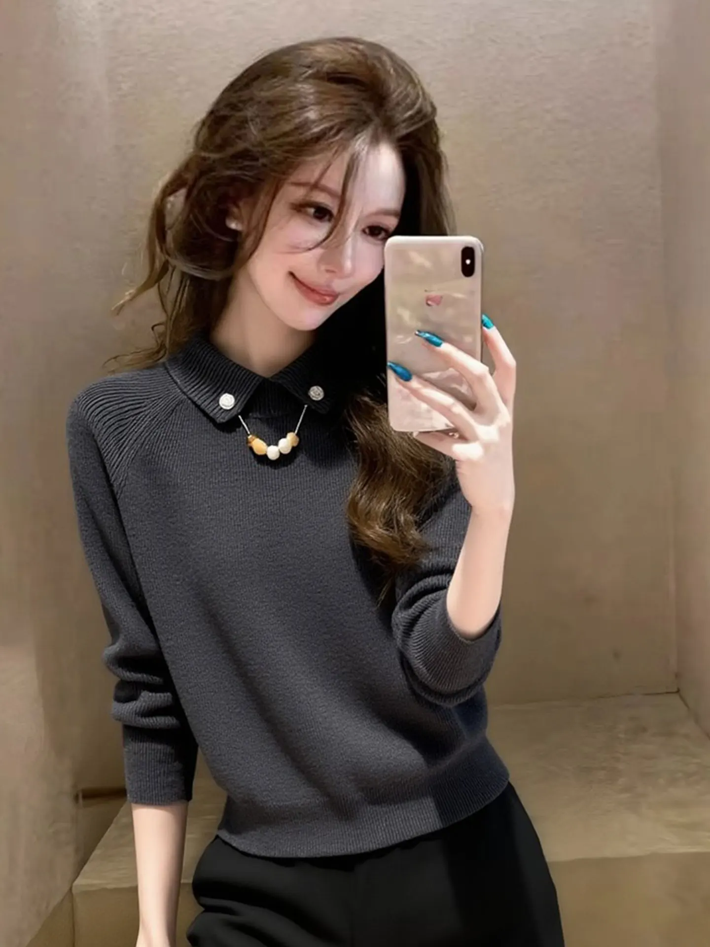 

Ele Long Sve Knitted irt Casual Commute Sle Spring 2026 Loose Fit Base Layer Top Women's Faion Korean Version