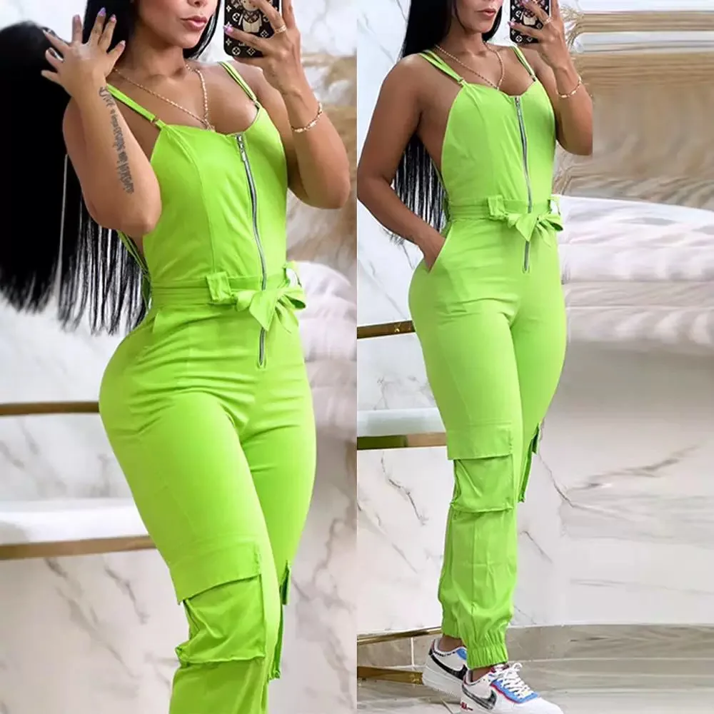 Zipper Pocket Design Backless Cuffed Jumpsuit Women Summer Rompers Sexy Y2k Pencil Pants Bocycon Streetwear Bodysuit Overalls