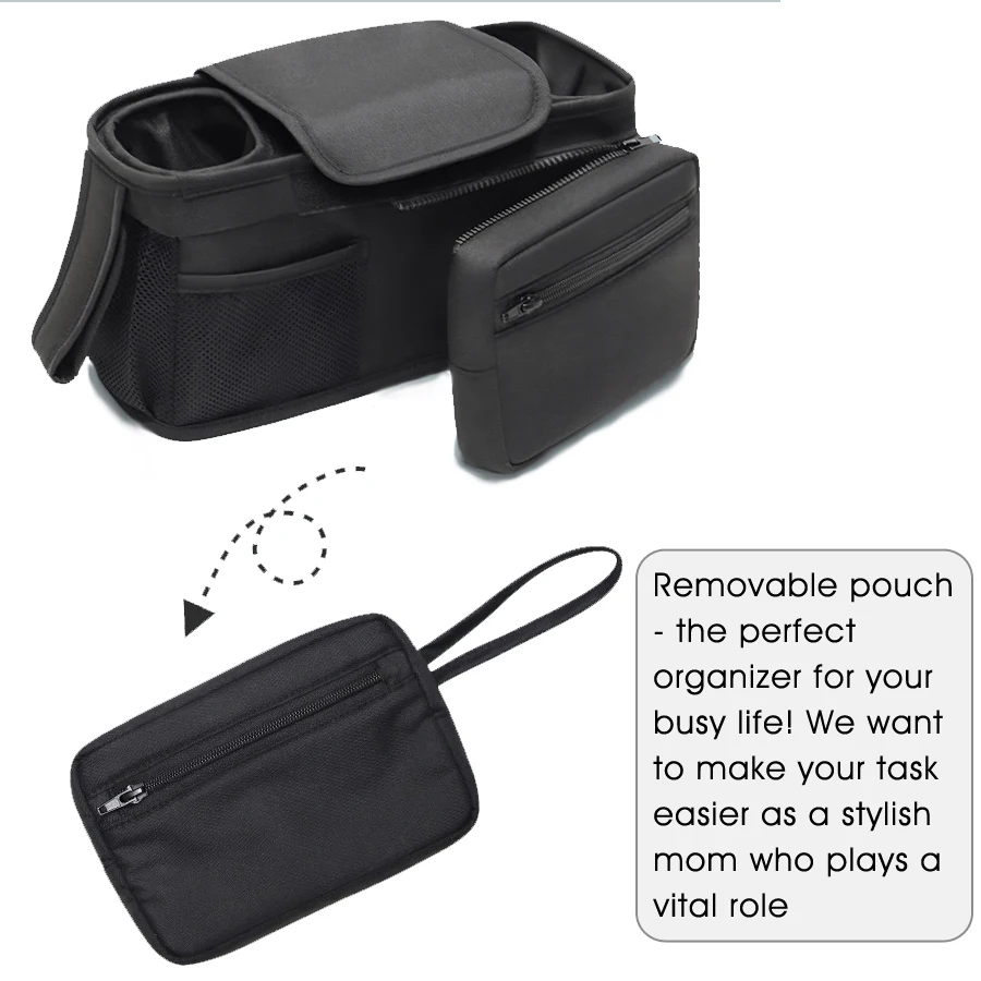 Baby Stroller Organizer with 2 Insulated Cup Holder Detachable Zippered Pocket & Adjustable Shoulder Strap, Universal Stroller