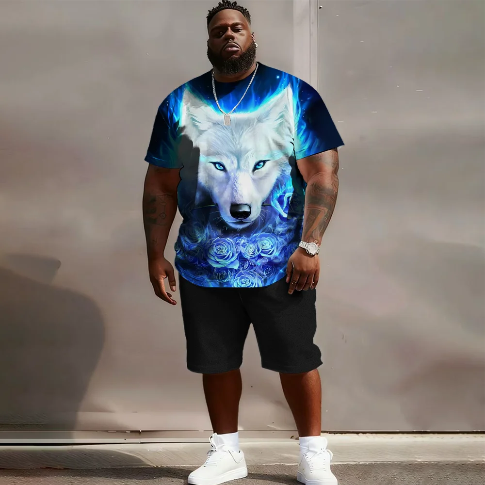

S-9xl plus size Men's Short Sleeve Set: Wolf-Edge Vibe - 2-Piece Big & Tall Fit, Soft Fabric, Sleek Wolf Silhouettes